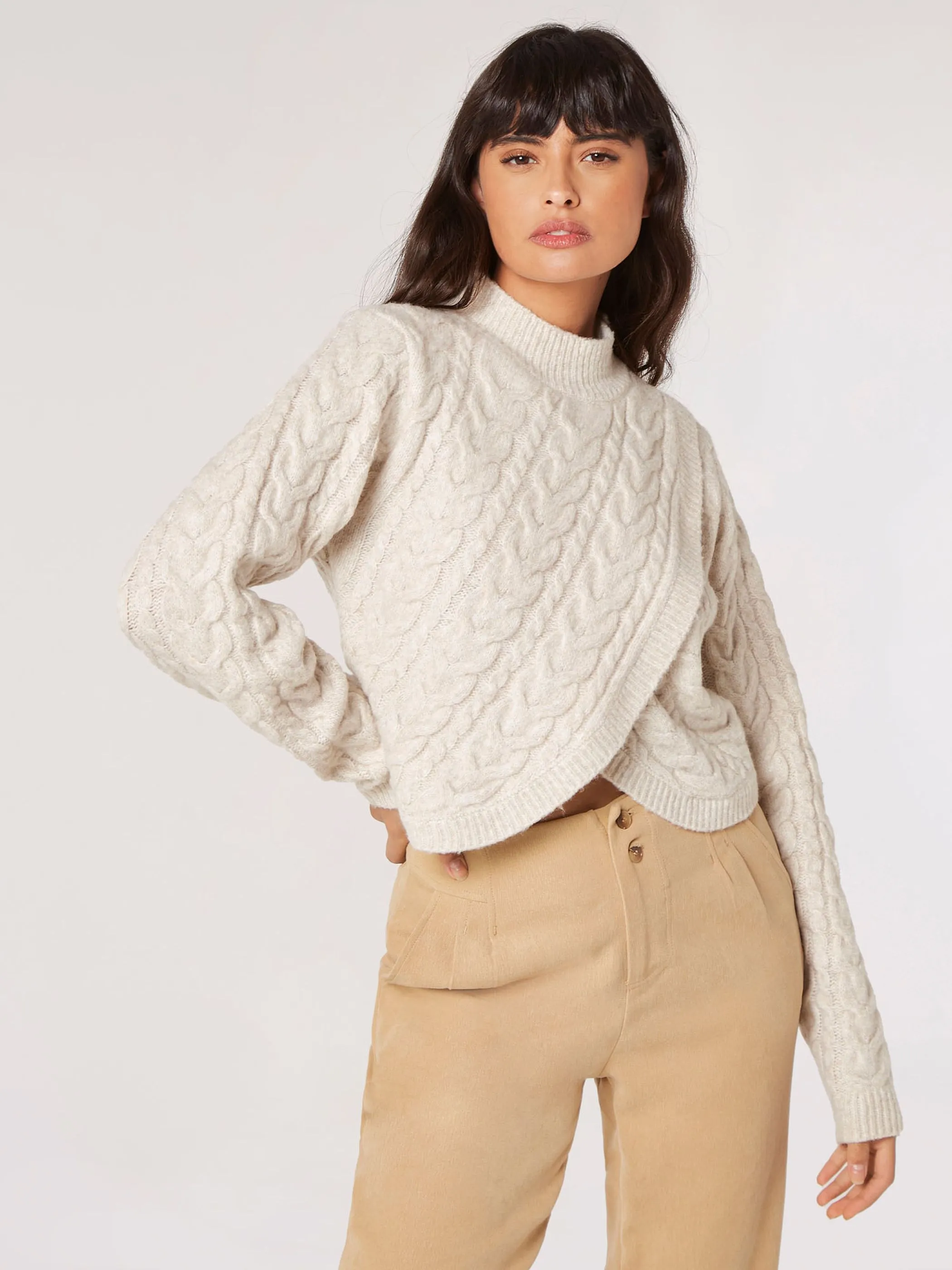 Apricot 782570 Apricot Cable Knit Wrp-Ovr Mock Nck  Jmpr Beige 908428 STO 1
