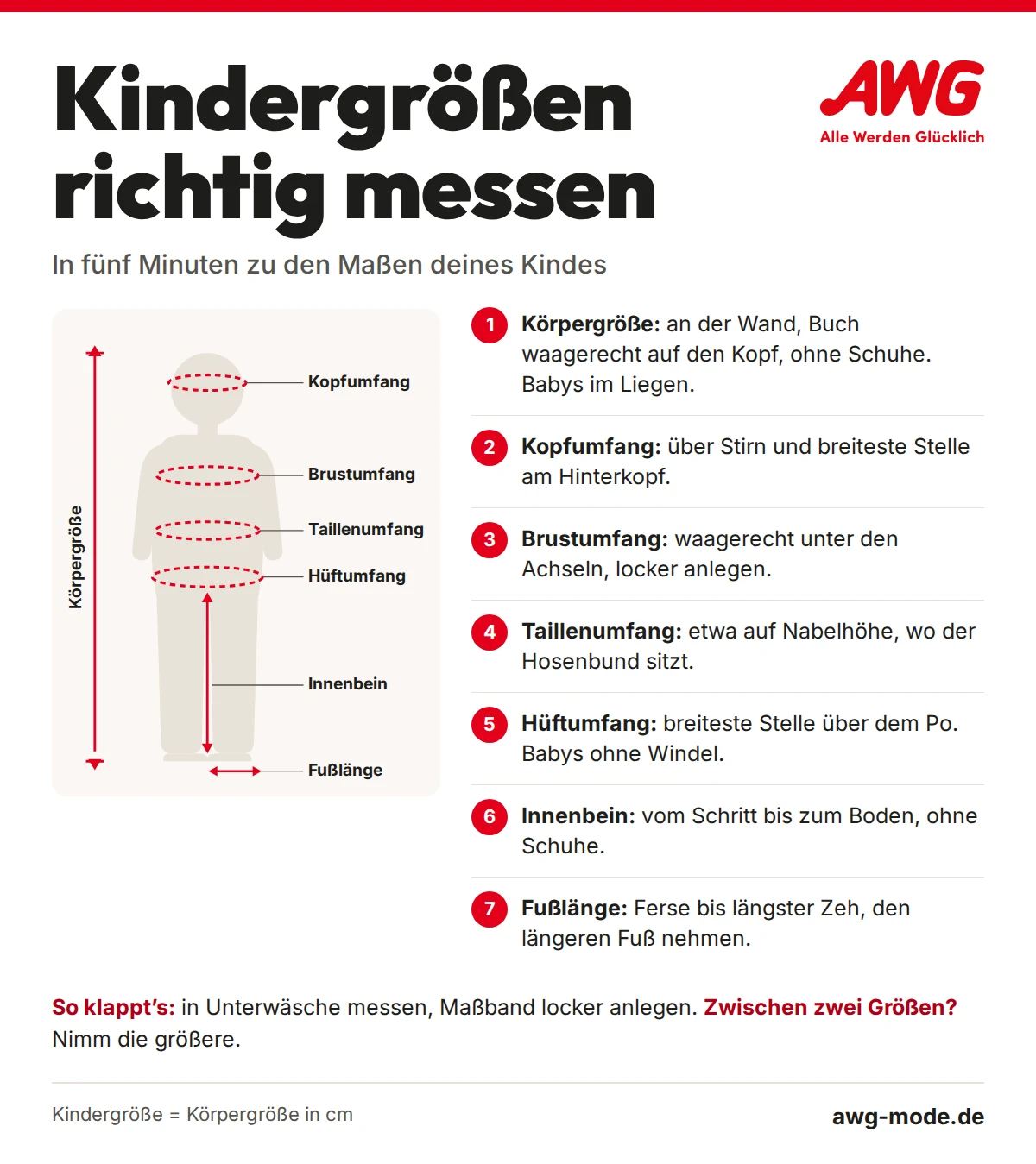 Kindergrößen richtig messen: Messpunkte für Körpergröße, Kopfumfang, Brustumfang, Taillenumfang, Hüftumfang, Innenbeinlänge und Fußlänge mit Kurzanleitung