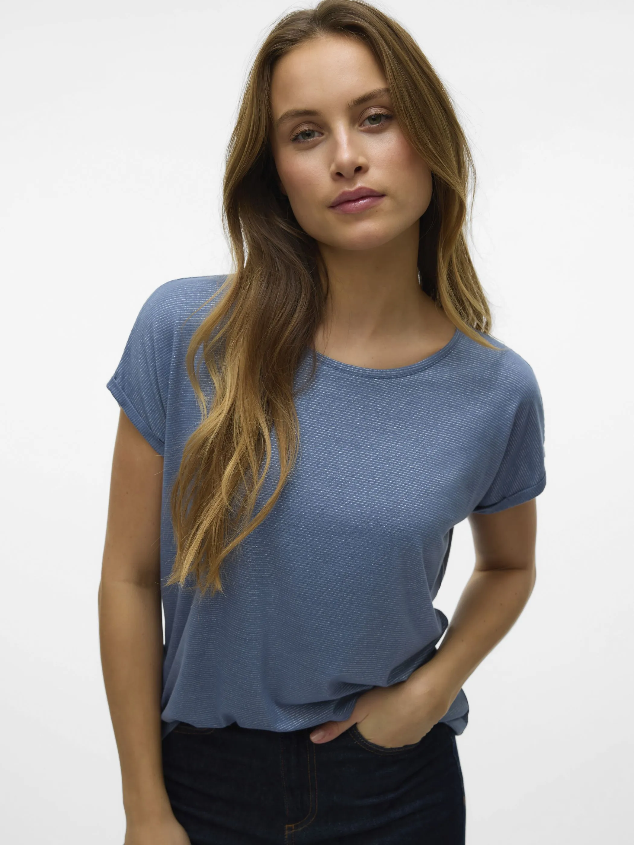 Vero Moda 10250488 VMLAVA GLITTER SS TOP STRIPE Blau 852566 189259002