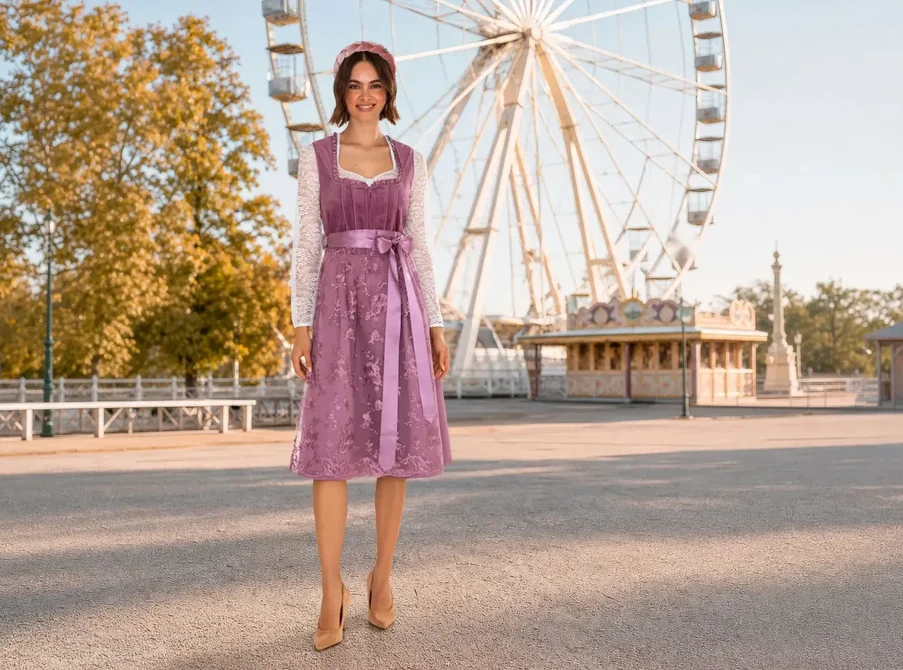 Damen-Dirndl in Flieder in Midi-Länge mit weißer Spitzenbluse vor einem Riesenrad