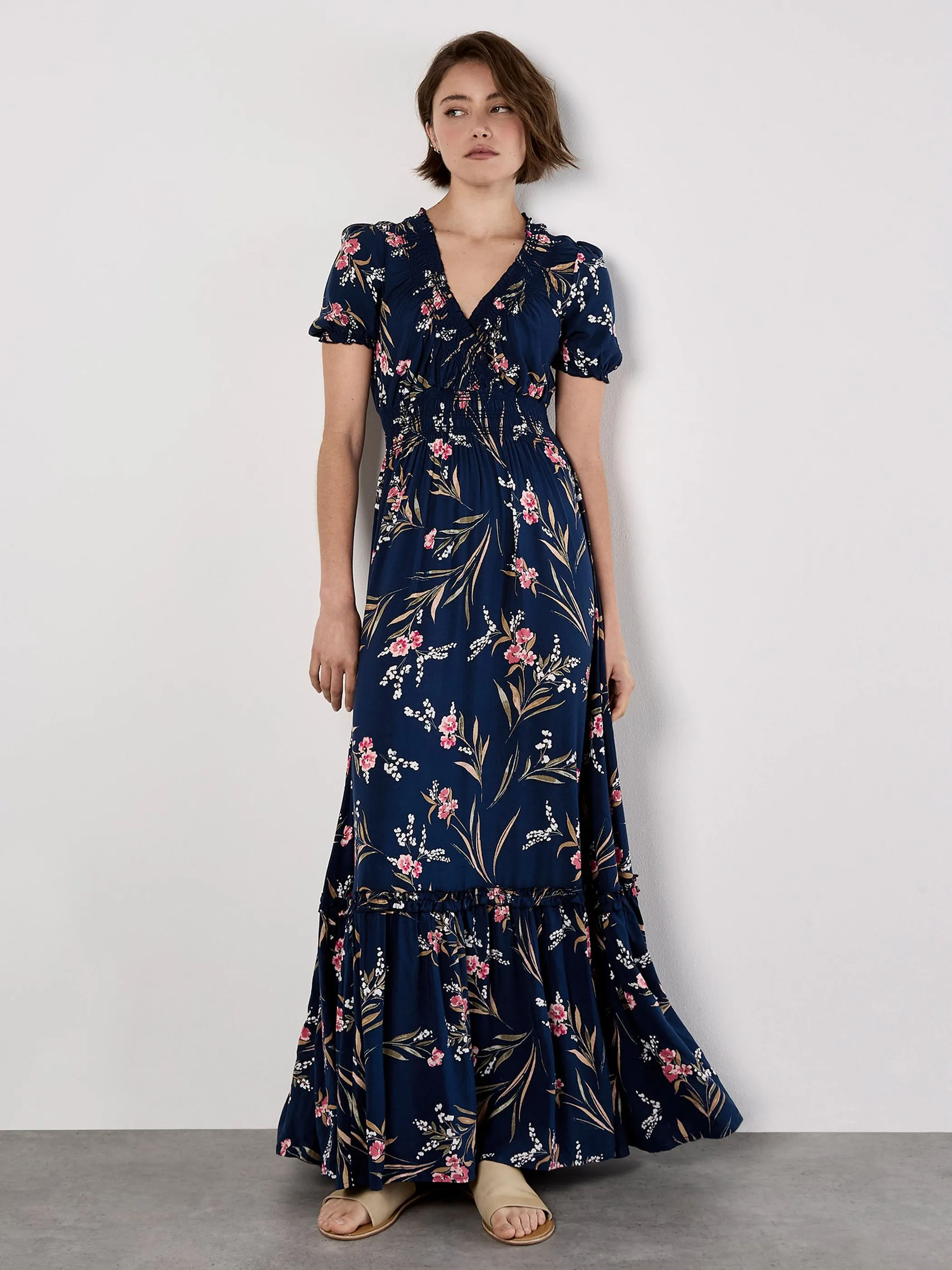 Apricot 757615 Apricot Watercolor Floral Smock Maxi Dress Marine 918381 NAV 1