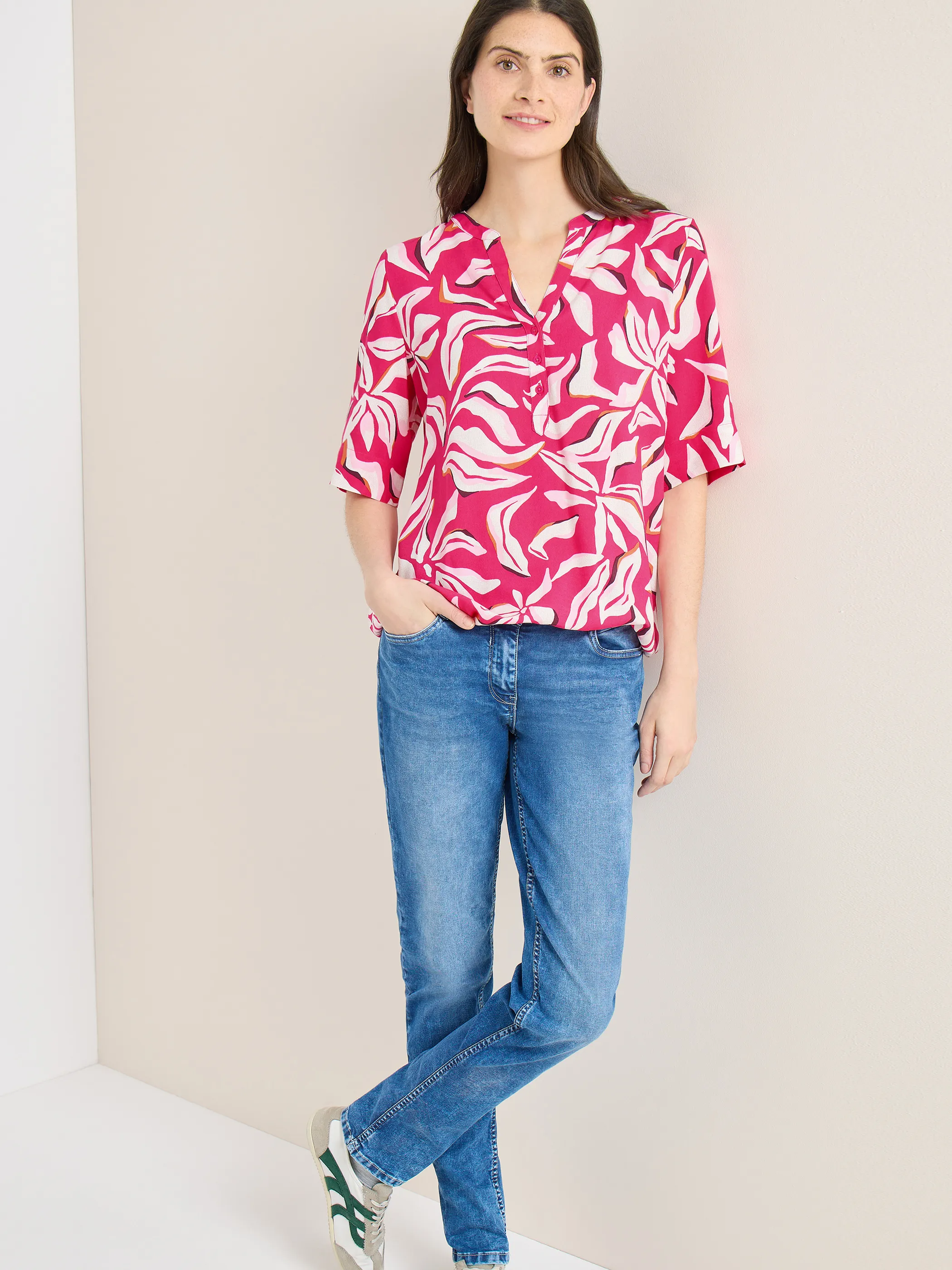 Cecil B346452 TOS Splitneck Print Blouse Pink 926366 37492 1