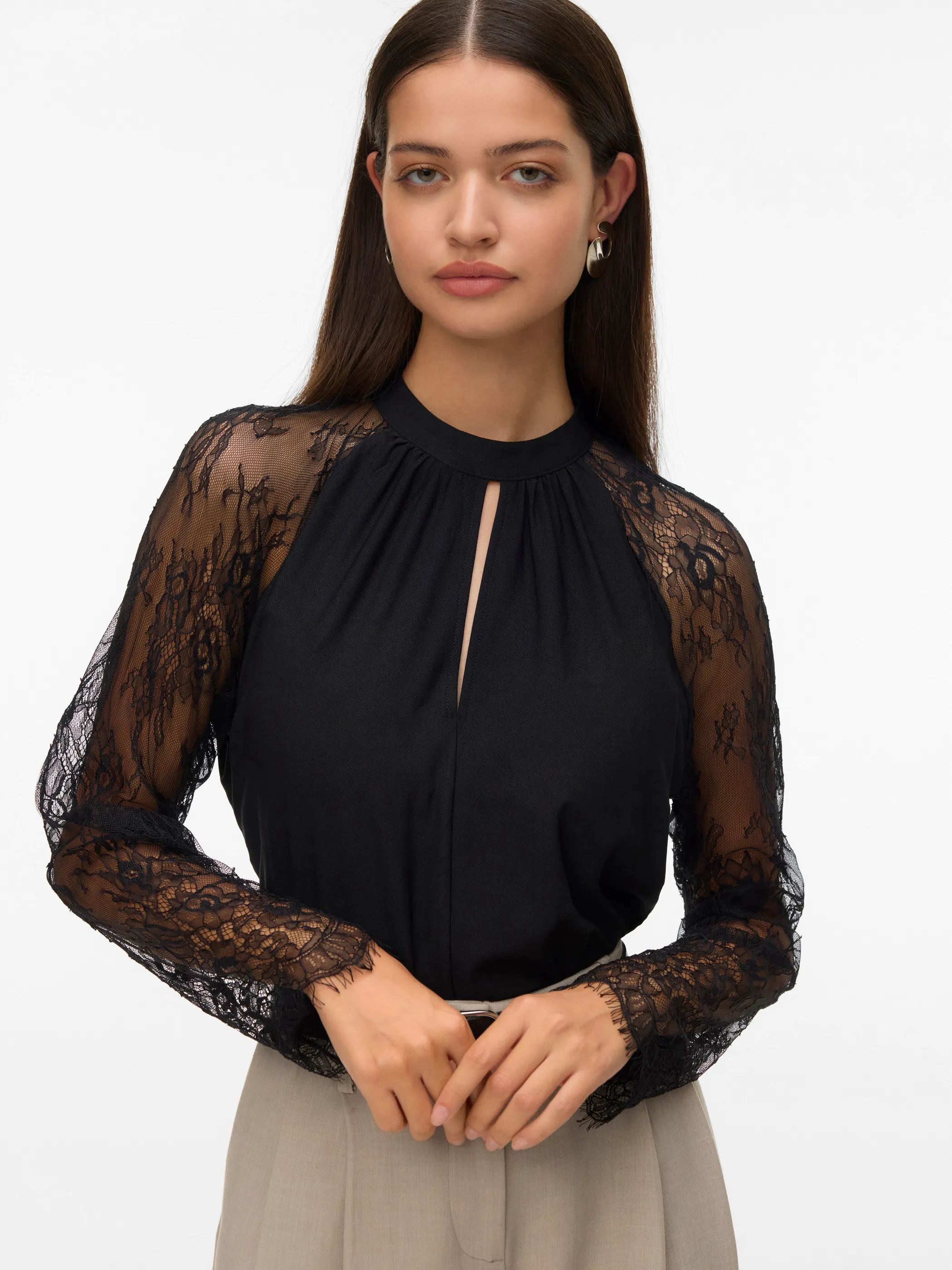 Vero Moda 10334620 VMMILLA LS LACE TOP G Schwarz 915408 177868 2