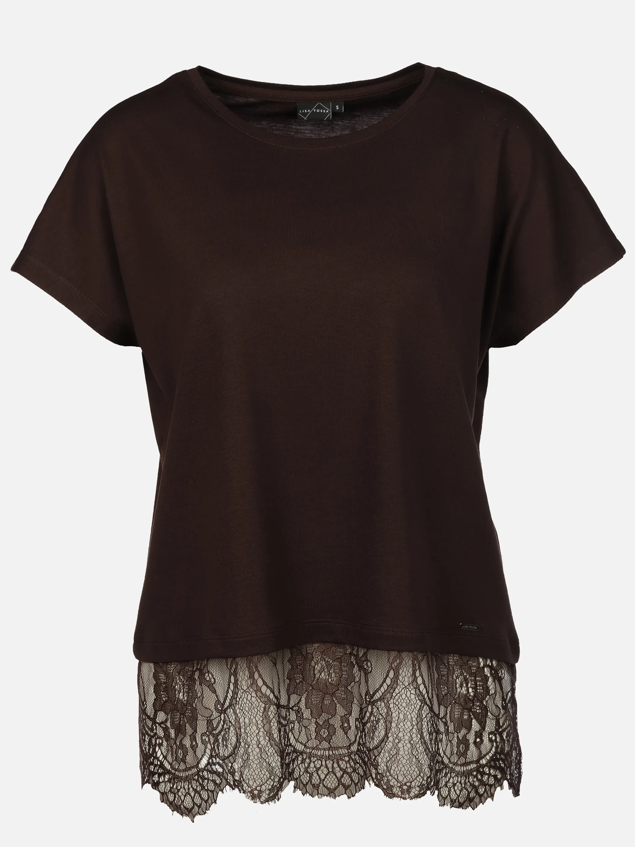 Lisa Tossa Da.Rundhalsshirt m.Spitzenborte Braun 930568 CHOCOLATE 1