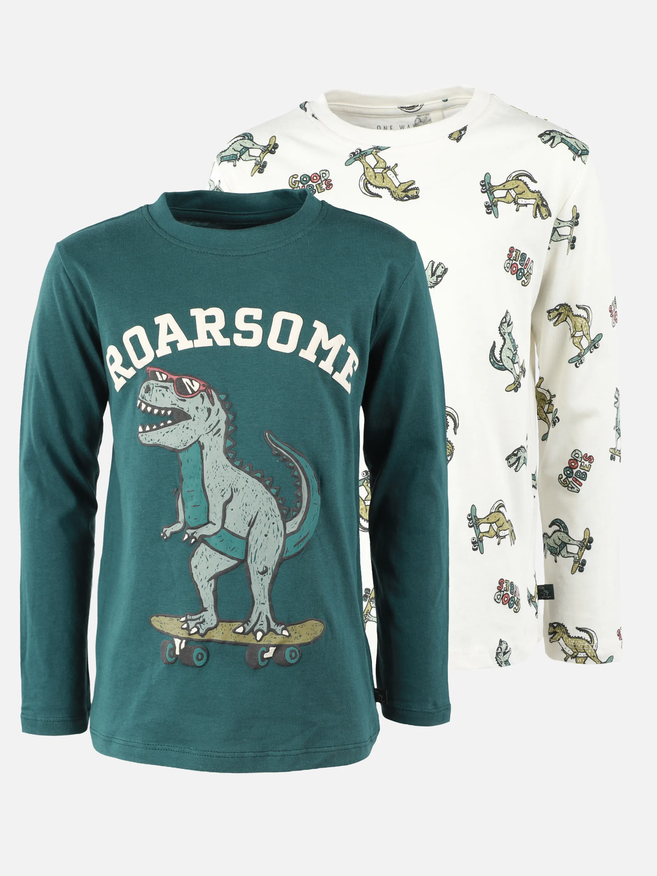 One Way KJ 2er Pack T-Shirt mit Dino Print in grün/weiß Grün 930066 SEA MOSS 1