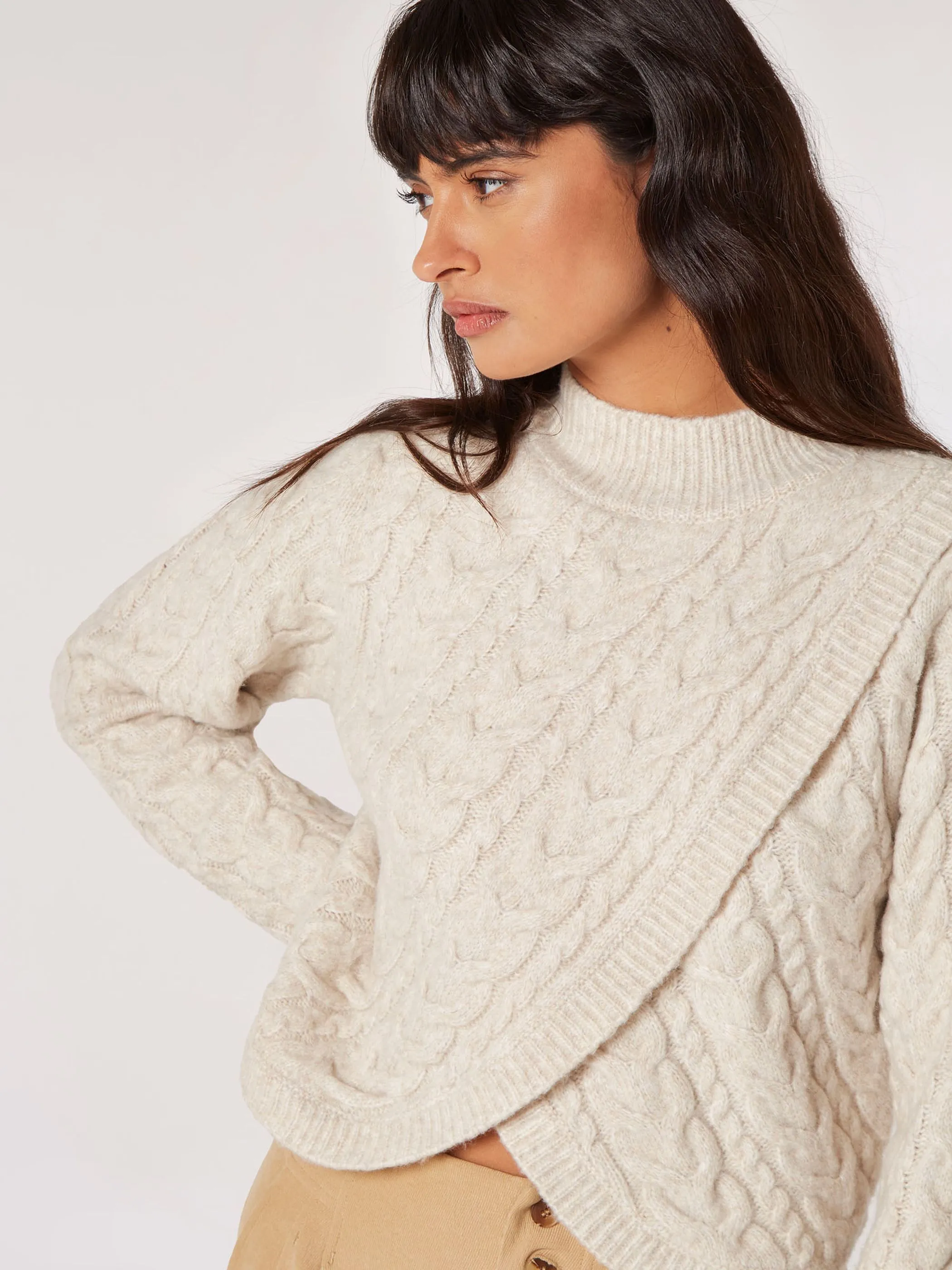 Apricot 782570 Apricot Cable Knit Wrp-Ovr Mock Nck  Jmpr Beige 908428 STO 3