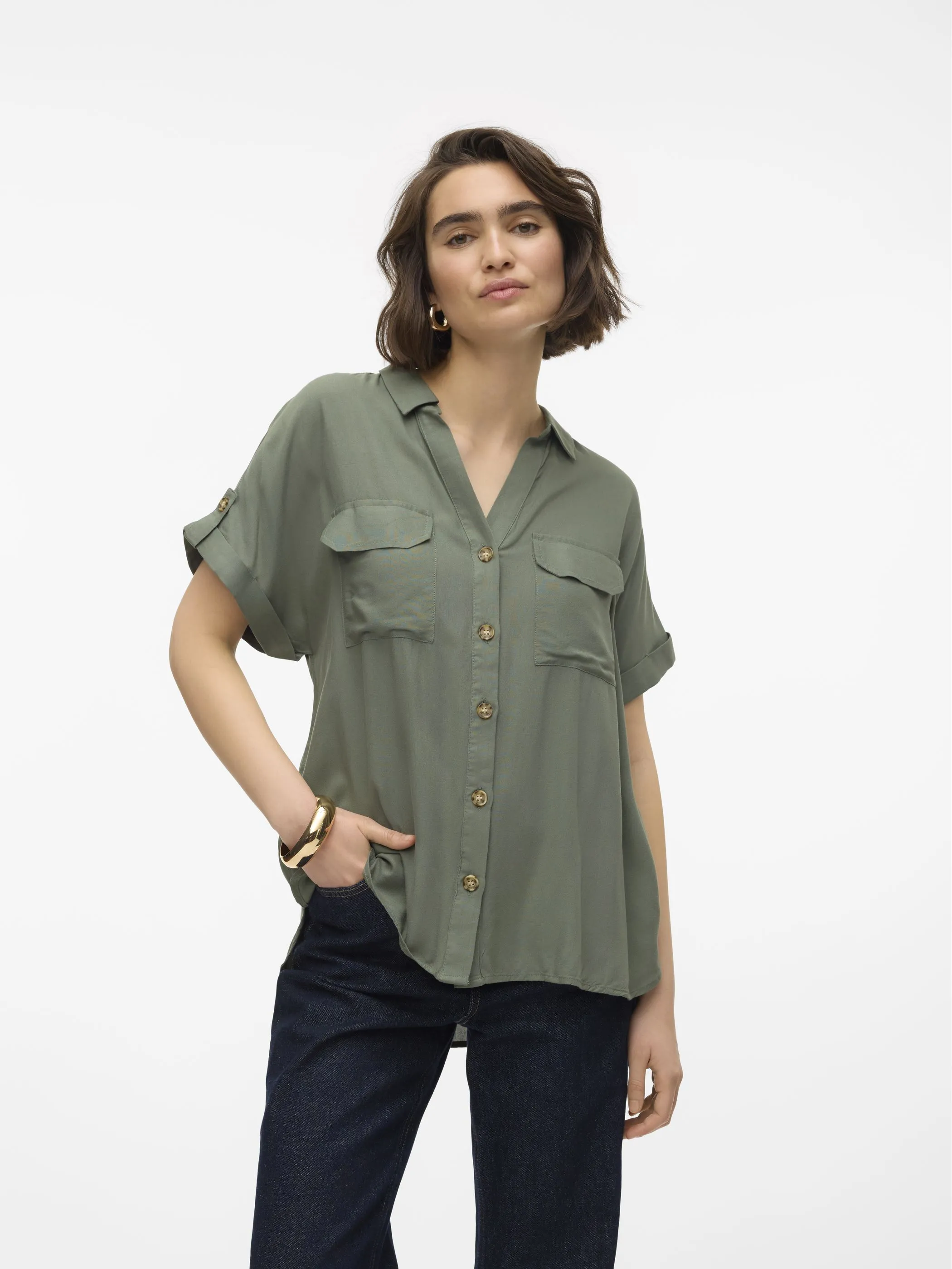 Vero Moda 10310139 VMBUMPY S/S SHIRT WVN Grün 894443 224196 1